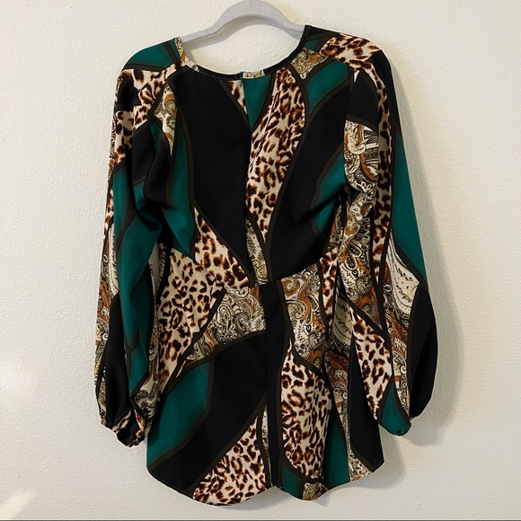 SHEIN SXY Leopard & Paisley Print Colorblock Lantern Sleeve Belted Romper - Picture 9 of 14